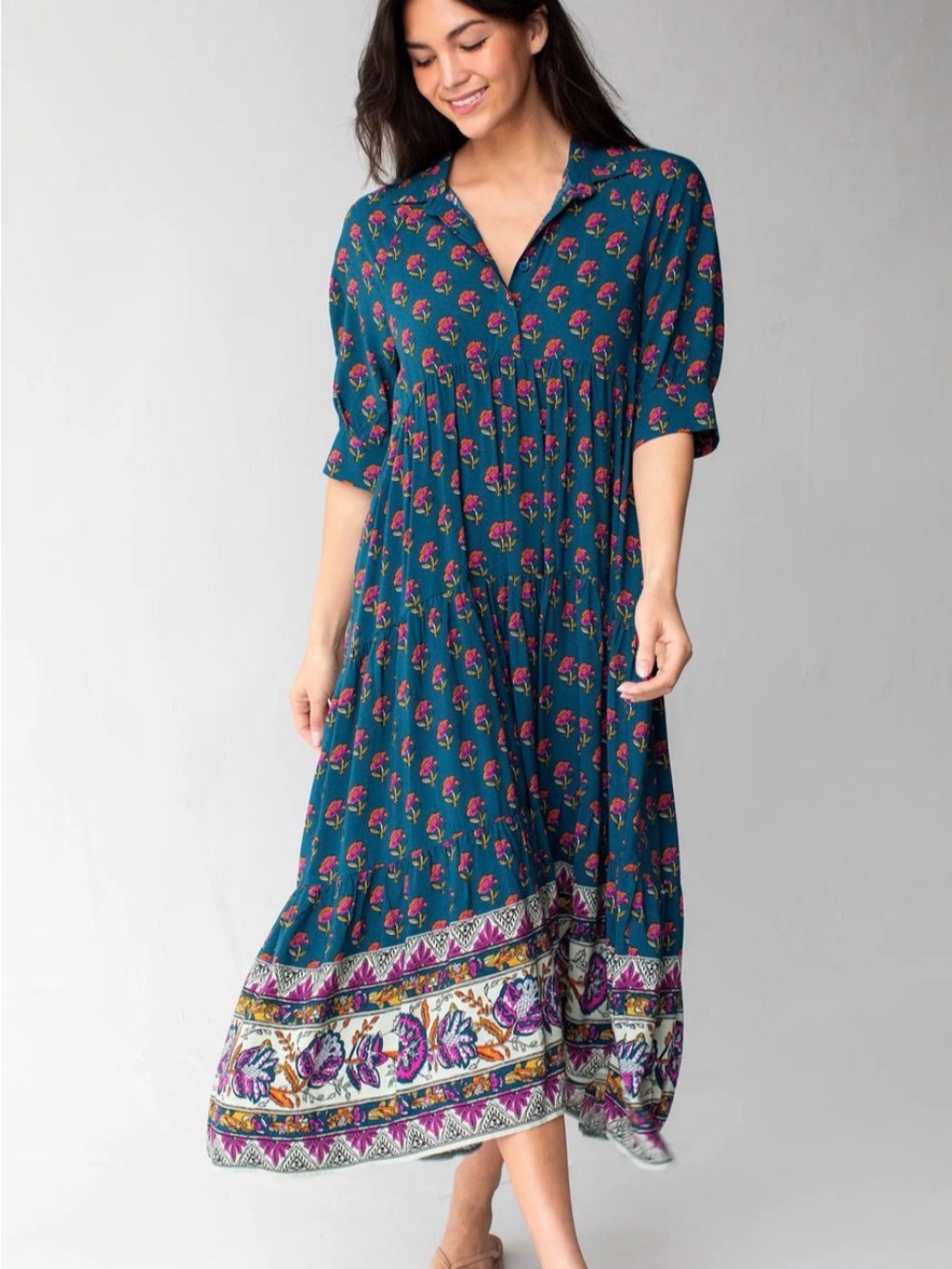 Natural Life Rebecca Midi Dress | Boho floral color block | Size Medium